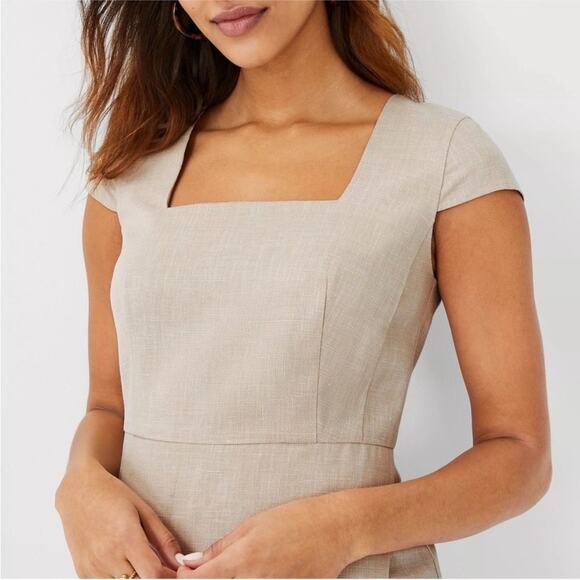 NWT Ann Taylor Linen Blend Square Neck Faux Wrap Sheath Dress - Size 2 Petite - Picture 2 of 8